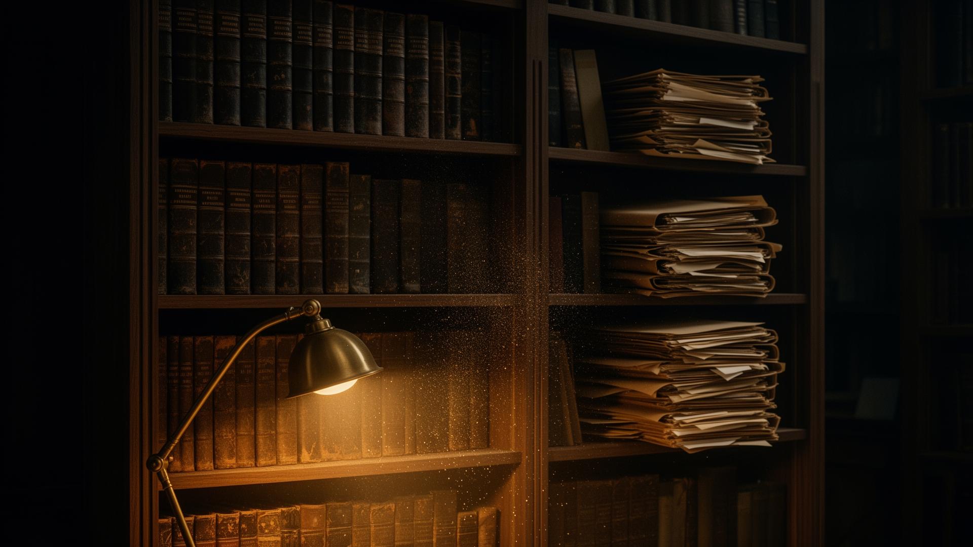 Vintage law library with leather-bound books, stacked case files, and a brass lamp