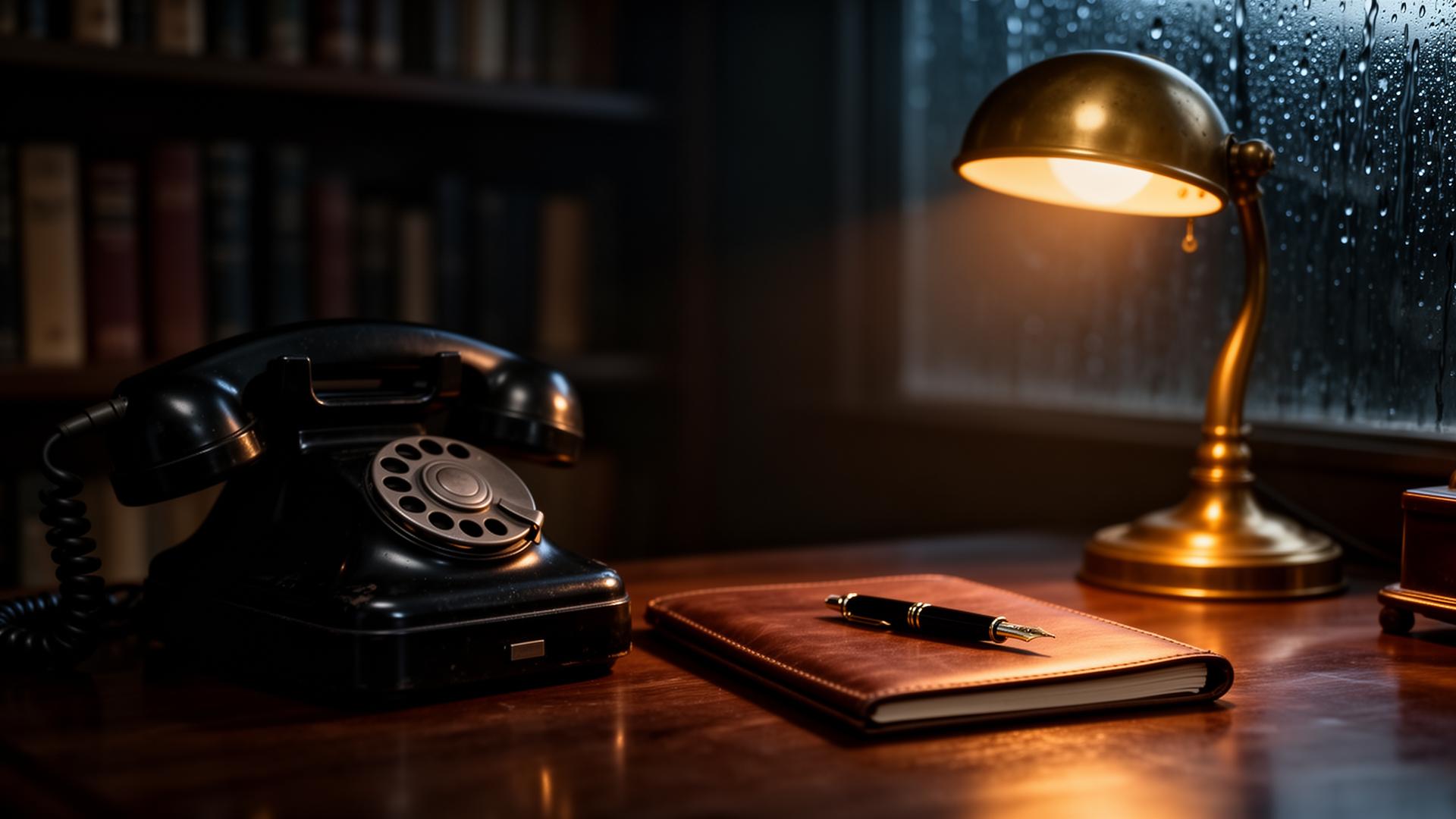 Vintage rotary telephone, leather notepad, and brass lamp by a rain-streaked window