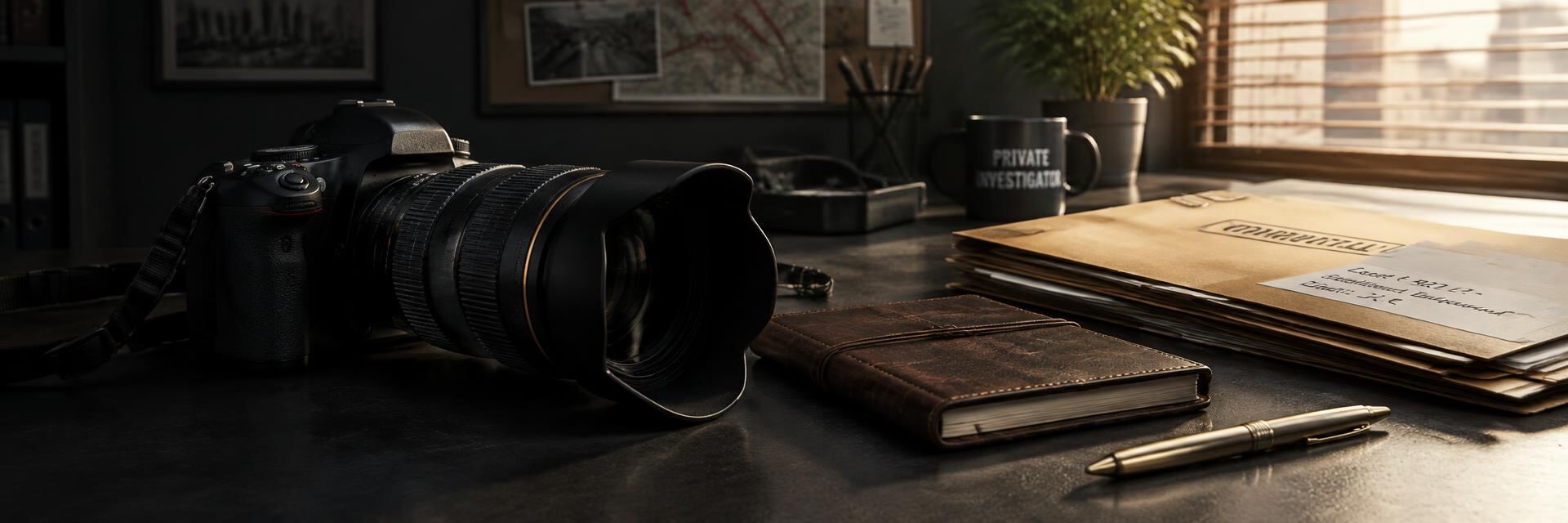 Private investigator surveillance camera with telephoto lens, leather notebook and confidential case files on a sunlit office desk