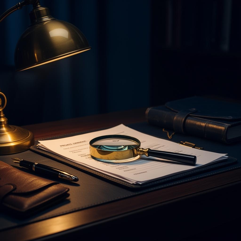 Private investigator's desk with magnifying glass, case file, and brass lamp