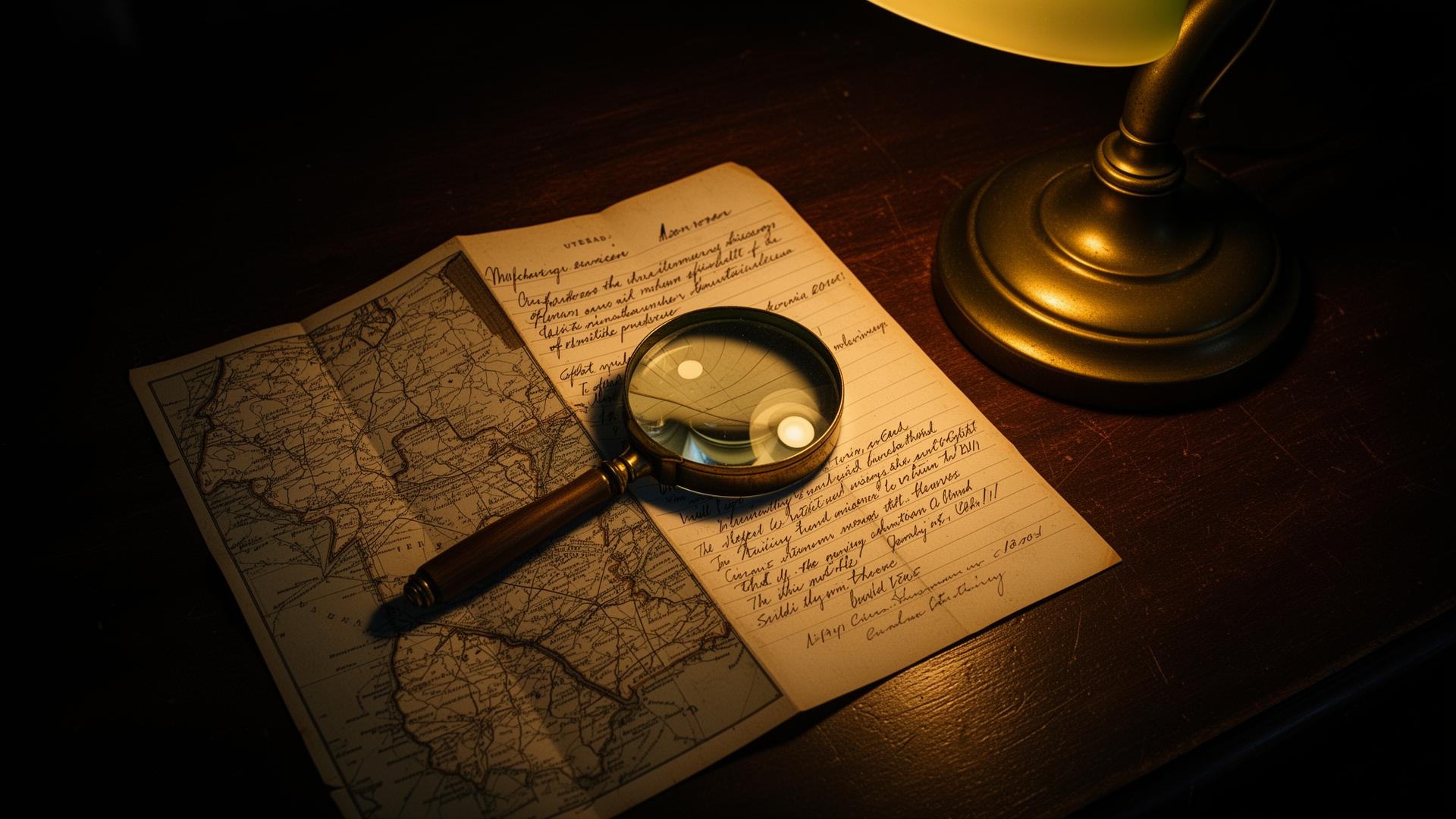 Magnifying glass on a folded map and handwritten notes under a brass desk lamp