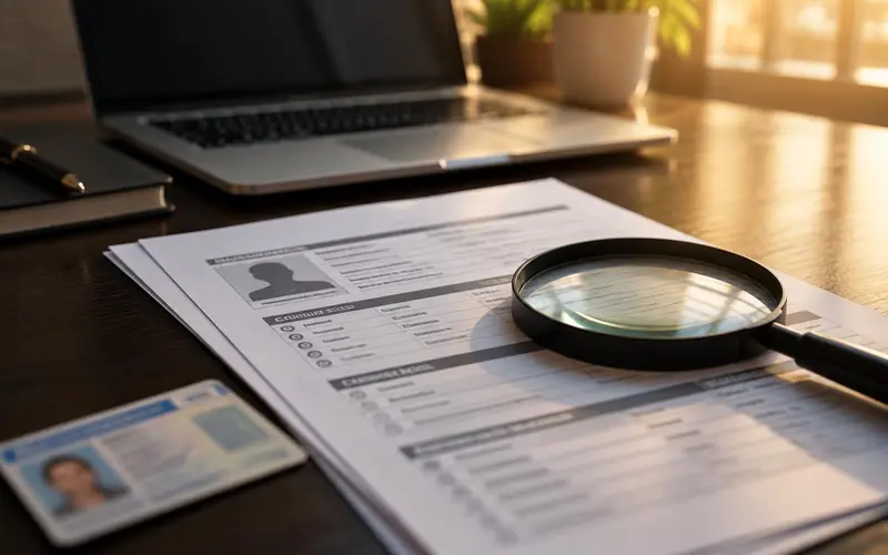Background check report under a magnifying glass beside an ID card and laptop